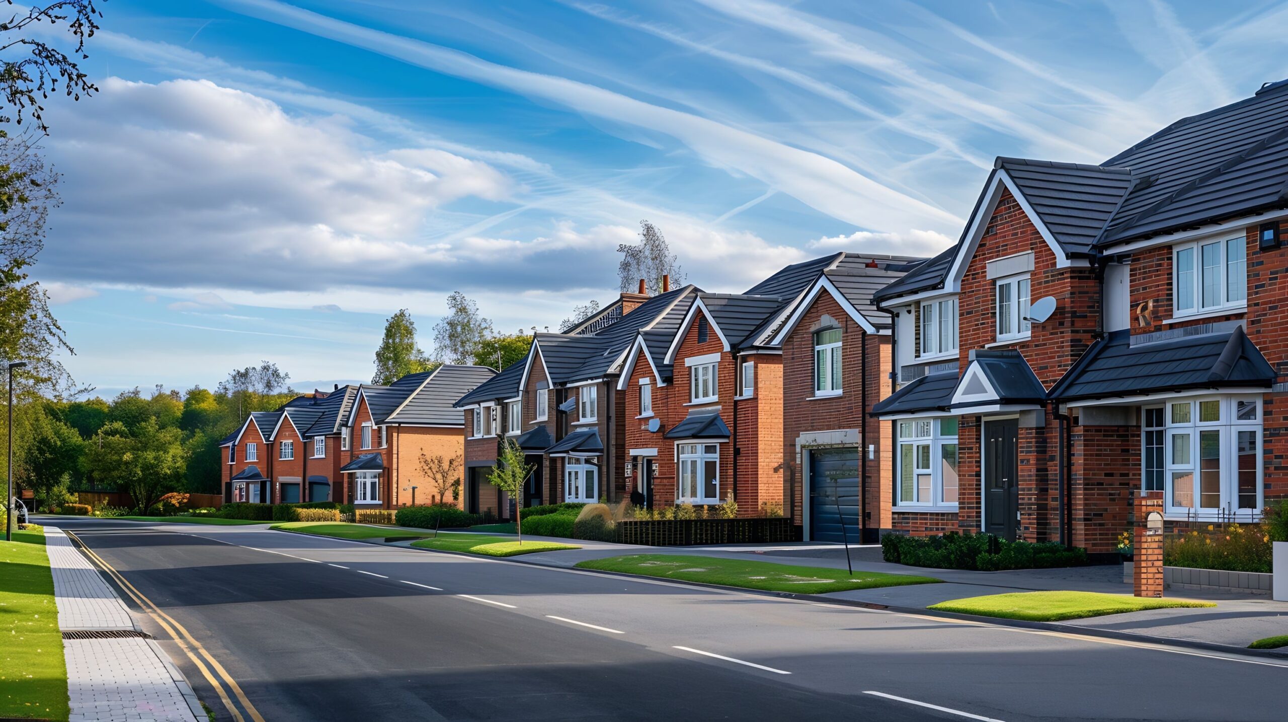 Newly constructed houses on a recently developed residential area in England. Modern and brand-new dwellings suitable for families. Positive portrayal of the housing and property market.